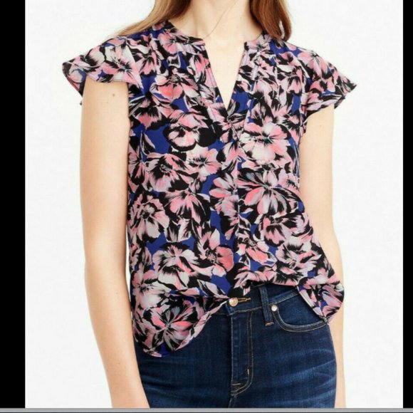 J Crew Silk Flutter Sleeve Top in Hibiscus Print - Picture 8 of 9